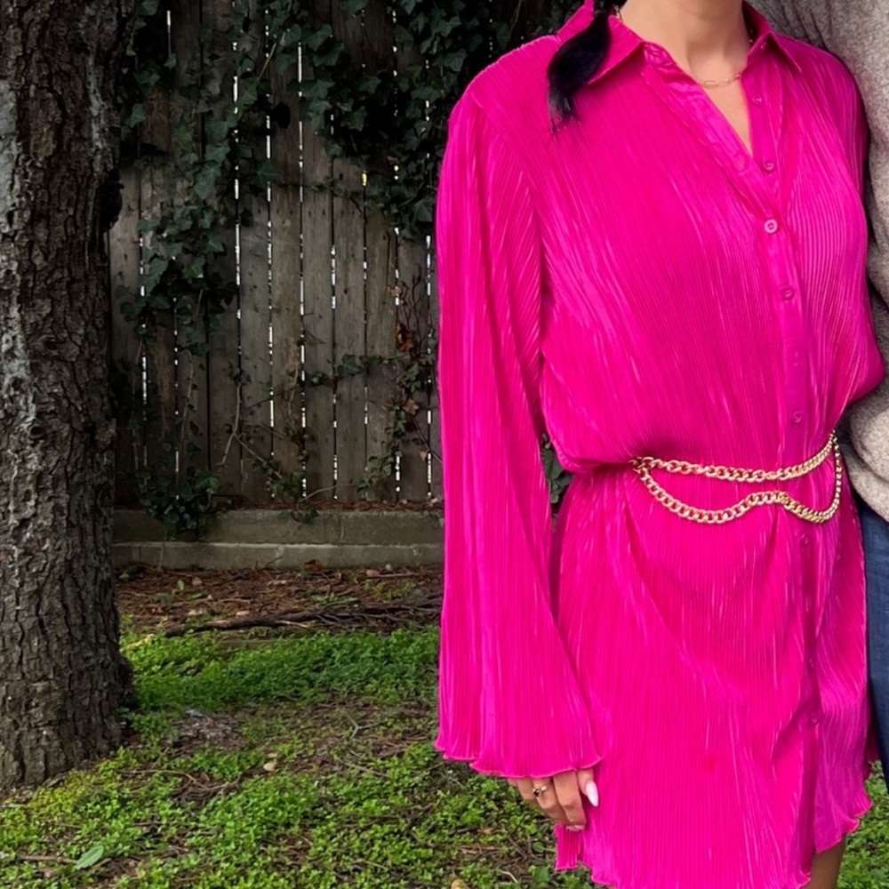Hot pink pleated dress with fabric belt